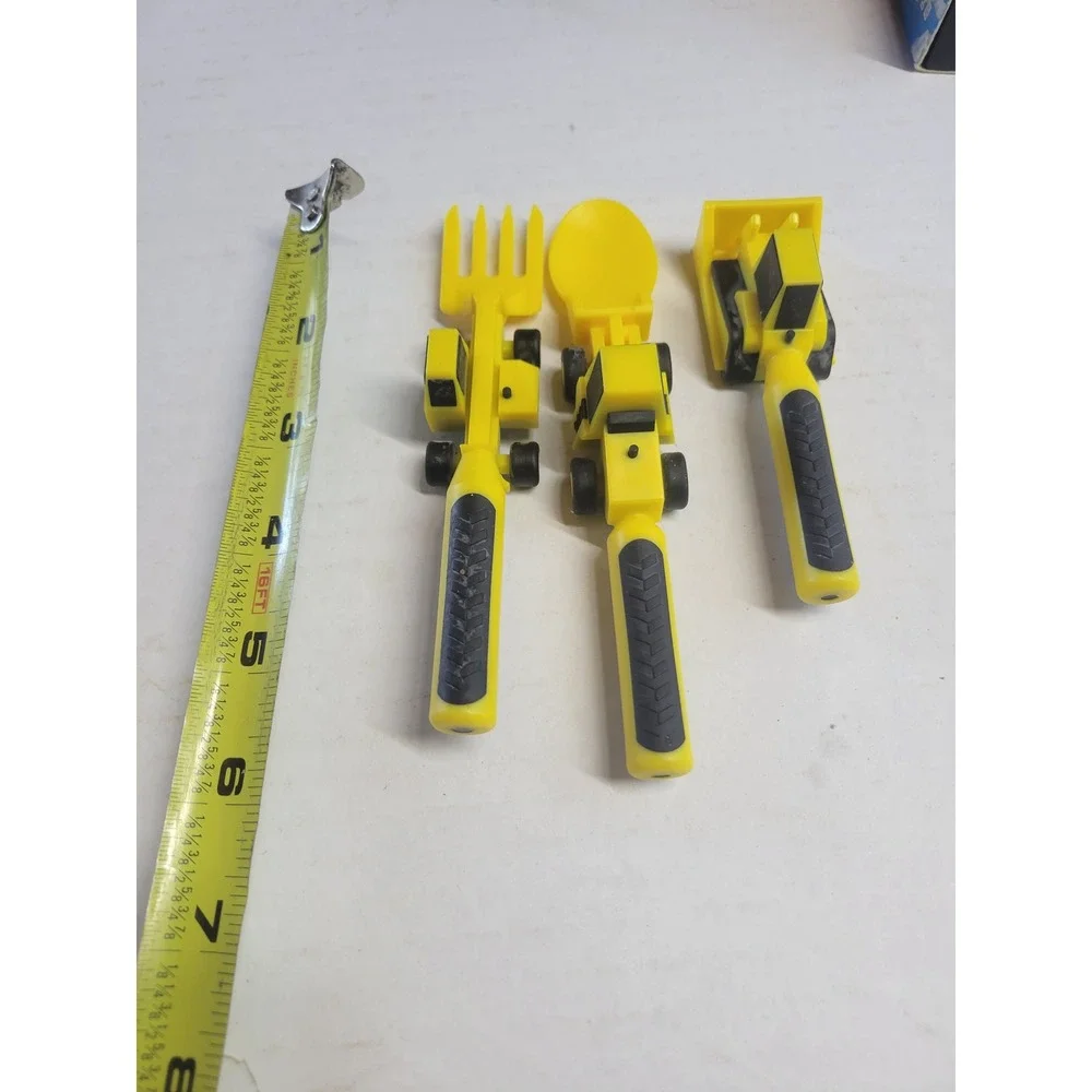 Constructive Eating 3pc Construction Utensil Set‎ Yellow Fork Spoon Pusher USA